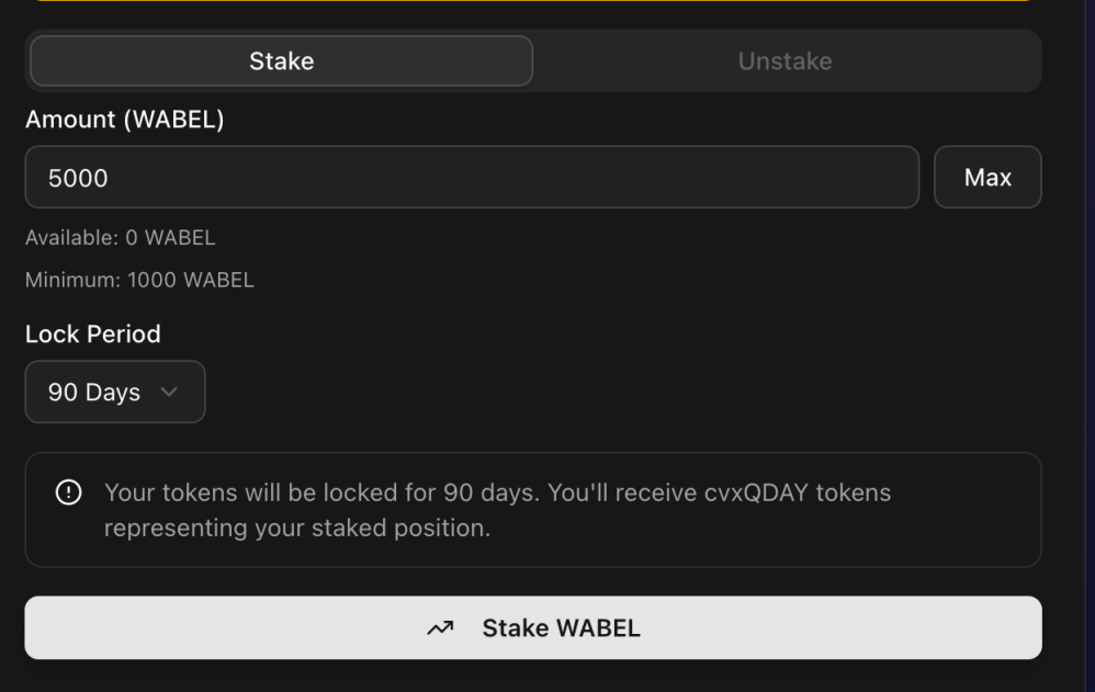 ABEL Staking interface with amount and lock period selection