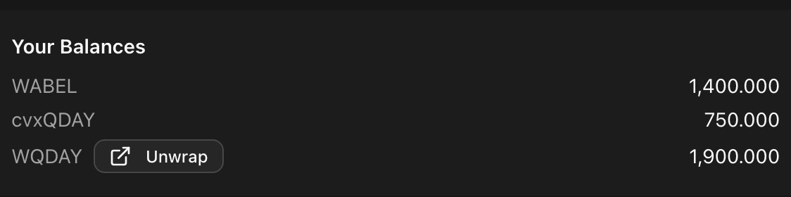 cvxQDAY and WQDAY tokens in wallet