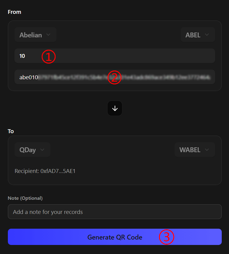 Fill in ABEL amount and Abelian wallet address