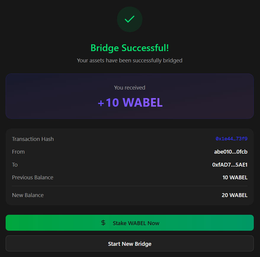 Bridge successful — WABEL received with transaction summary