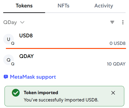 MetaMask 顯示 USD8 代幣