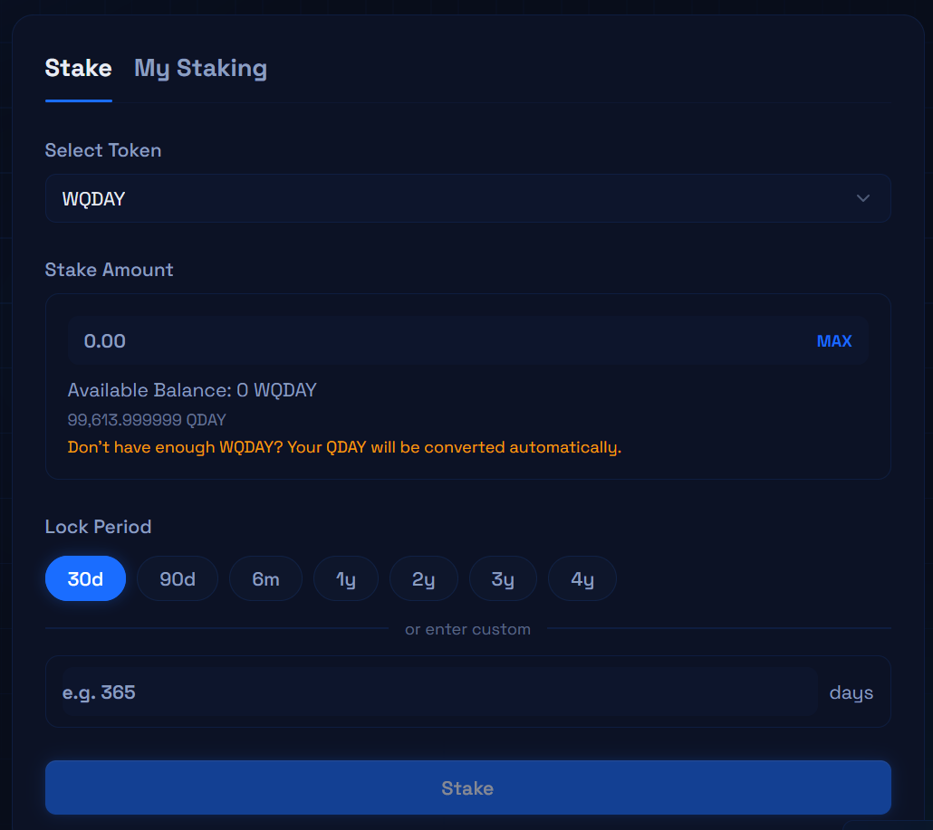 WQDAY staking interface